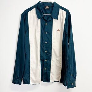 Dickies Shirt Mens Medium Blue White Button Up Long Sleeve Striped Logo Cotton